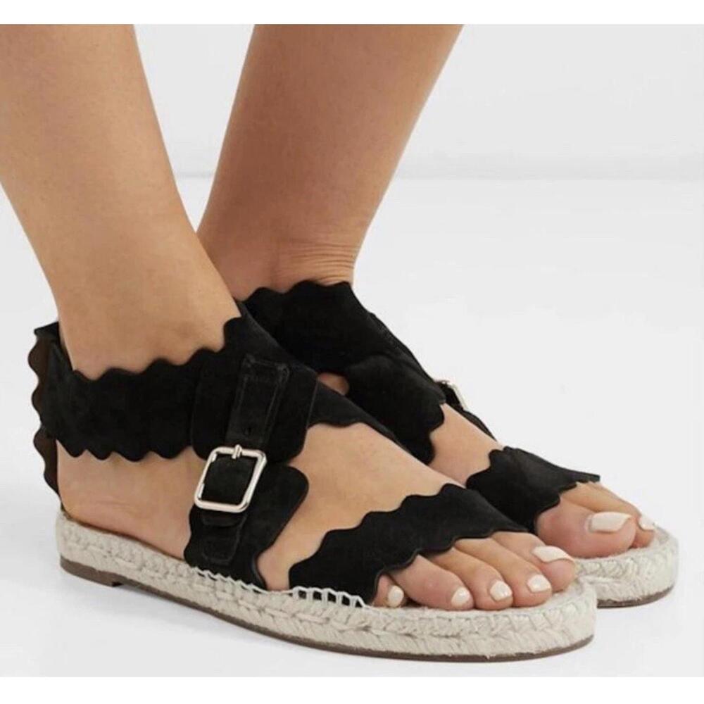 Chloe Lauren Scalloped Espadrilles Black Suede Leather Sandals Sz 39 Or 9